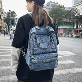 Lkblock Blue denim women backpack casual large capacity laptop school zipper girl backpack top handle fashion travel backpack for women