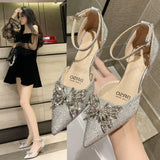 Lkblock Sandals for Women Party and Weddings Footwear with Medium Heels Ladies Shoes Silver Summer Pointed Toe Diamond Rhinestones