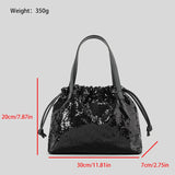 Lkblock Fashion Sequins Women Handbags Shinny Drawsting Shoulder Crossbody Bags Luxury Evening Party Purses Large Capacity Tote Bag