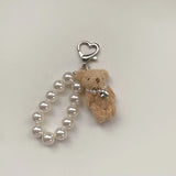 Lkblock Plush Teddy Bear Pearl Bracelets Cell Phone Chain Cute Doll Bag Charms Keychain Pendant Girl Heart Hanging Ornament