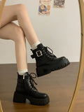 Lkblock New Retro British Style Thick Sole Height Increasing Short Boots Platform Belt Buckle Women Ankle Boots Chunky Heel Cowboy Boots