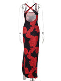 Lkblock Women's Red Flowers Print High Slit Slip Dress 2024 Summer Elegant Sexy Backless High Waist Sleeveless Long Maxi Holiday Dresses