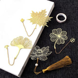 Lkblock Exquisite Hollow Metal Bookmarks Gold Color Leaf Vein Lotus Shape Book Marks With Tassel Stationery Student Reading Supplies