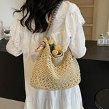 Lkblock Big Solid Color Straw Bags for Women 2024 Fashion Summer Shoulder Bags Handbags and Purses Weave Beach Tote Bag