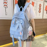 Lkblock Bow Canvas Schoolbags for Girls School Students Multi-layer New Cute Middle School Students Large Capacity Bow Backpacks