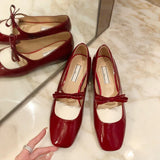 Lkblock New Bowknot Mary Jane Shoes Women Square Toe Glossy Leather Flats Female Red Dance Ballets Party Ball Bridal Wedding Shoes