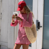 Lkblock Red Striped Knitted Mini Dress Women Fashion Hollow Out Slim Beach Holiday Dresses Autumn Elegant Long Sleeve Sweater Dress