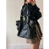 Lkblock - Women Fashion PU Leather Shoulder Tote Bag Large Capacity Moto Biker Zipper Handbag Gothic Punk Black Crossbody Bag For Girl