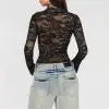 Lkblock Sexy Clubwear Women Sheer Mesh Crop Tops Low Cut See Through Tee Shirts Lace Floral Embroidery Y2k  Clothes