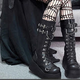 Lkblock Metal Buckle Chunky Platform Punk Boots Women Winter Gothic Thick Bottom Knee High Boots Woman Black Wedges Cosplay Shoes