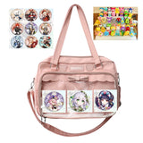 Lkblock Japanese Cute Transparent Canvas Itabag Fashion Girls One Shoulder Bag Student Personality Crossbody Bag with Badge Doll Ita Bag