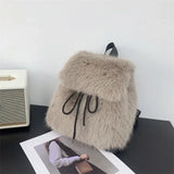 Lkblock Japanese Girls Students Fluffy Backpack New Sweet Drawstring Solid All Match Schoolbags Women Casual Fur Y2k Aesthetic Backpacks