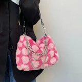 Lkblock Y2k Hot Girls Pink Love Underarm Bags Soft Plush Heart Pattern Ladies Shoulder Bag Female Chain Furry Crossbody Bag Handbags