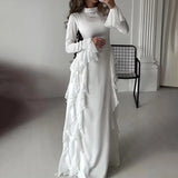 Lkblock Autumn New Round Neck Flared Sleeve Ultra Long Dress Women Fashion White High Waist Patchwork Dress Women Casual Party Dinner Dr