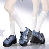 Lkblock Y2K Star Print Chunky Platform Ankle Boots Women New Metal Chain Blue Denim Boots Woman Cute Thick Bottom Jk Lolita Shoes