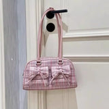 Lkblock Pink Elegant Womens Shoulder Bag Plaid Bow Vintage Leather Cute Leather Handbag Casual Sweet Bow Exquisite New Armpit Bag