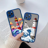 Lkblock Blue Wave Phone Case For iphone 16 15 12 11 13 Pro Max Lighthouse Illustration Cover For iphone X XR XS 7 8 14 Plus Shells