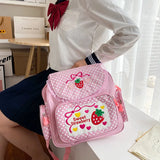 Lkblock Kawaii Kids School Bag Cute Strawberry Embroidery Dots Student Mochila Multi-Pocket Nylon Fashion Backpack for Teenager Girl