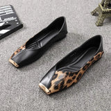 Lkblock New Shallow Soft Sole Leather Sandals Shoes Women's Flats Square Metal Head Personality Leopard Print Mary Jane Ballet Zapato