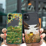 Lkblock Retro Scenery Painted Phone Case For iphone 16 7 8 Plus SE2 X XS XR 16 14 12 13 11 Pro Max Large Flower Fields Log Cabin Covers