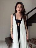 Lkblock Fashion Hollow Out Contrasting Color Maxi Dress Women V Neck Sleeveless Loose Big Hem Dresses 2024 Summer Lady Casual Outfits ﻿