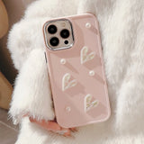 Lkblock Ins Cute 3D Pearl Love Heart Phone Case For iPhone 16 15 14 13 12 11 Pro Max X XS XR 8 7 Plus SE 2022 Soft Silicone Bumper Cover