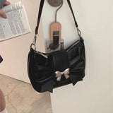 Lkblock Pink Bow Womens Shoulder Bag Korean Fashion College Style Elegant Handbag Square Pleated Sweet Casual Leather Armpit Bag