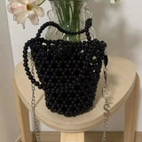 Lkblock 2024 Retro Pearl Bucket Women's Crossbody Bag Сумка Fashion INS Silver New in Handbag Handwoven DIY Beaded Bags Bolso De Hombro