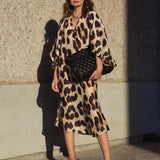 Lkblock Summer Long Leopard Print Midi Dress Women V Neck Lantern Sleeve Casual Elegant Party Loose Dresses Vintage Streetwear 2024