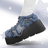 Lkblock Y2K Star Print Chunky Platform Ankle Boots Women New Metal Chain Blue Denim Boots Woman Cute Thick Bottom Jk Lolita Shoes