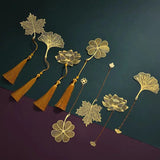 Lkblock Exquisite Hollow Metal Bookmarks Gold Color Leaf Vein Lotus Shape Book Marks With Tassel Stationery Student Reading Supplies