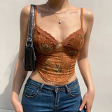 Lkblock Floral Print Vintage American Mesh Camisole, Women's Eye Lace Trim, V-neck Brown, Cute Y2k 2024 Fashion Crop Top Women's 90s