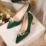 Lkblock Flowers Pointed Toe Pumps for Women New Green Silk Low Heels Shoes Woman Slip on Thin Heeled Lady Shoes Green Party Shoes