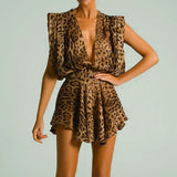 Lkblock 2024 Summer New Women's Vintage Leopard Dress Print Sleeveless Low-Cut Sexy Tie Dress