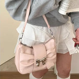 Lkblock Pink Bow Womens Shoulder Bag Korean Fashion College Style Elegant Handbag Square Pleated Sweet Casual Leather Armpit Bag