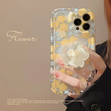 Lkblock Ins Artistic Flower With Holder Phone Case For iPhone 15 14 13 12 11 Pro Max Plus Soft Shockproof Bumper Clear Protective Cover