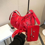 Lkblock Rivet Pleated Dumpling Bag，New Ins Fashion One Shoulder Underarm Bag, Trendy Messenger Bag Handbag