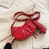 Lkblock Rivet Pleated Dumpling Bag，New Ins Fashion One Shoulder Underarm Bag, Trendy Messenger Bag Handbag