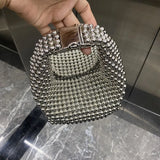 Lkblock New Silver Beaded Handbags For Women Fashion Trendy Portable Purse Party Beading Shoulder Tote Bags