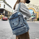 Lkblock Blue denim women backpack casual large capacity laptop school zipper girl backpack top handle fashion travel backpack for women