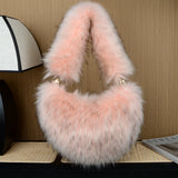 Lkblock Luxury Fluffy Plush Shoulder Bag Heart Shaped Faux Fur Bags for Women Handbag Designer Brands Soft Hobo Winter Tote Bag Purses