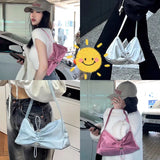 Lkblock Sweet Cool Y2k Handbag Women Summer Hot Girls Drawstring Folds Shoulder Bag Ladies Vintage Harajuku Solid Underarm Bags