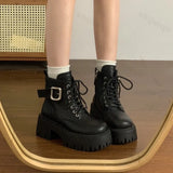 Lkblock New Retro British Style Thick Sole Height Increasing Short Boots Platform Belt Buckle Women Ankle Boots Chunky Heel Cowboy Boots