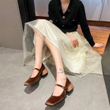 Lkblock Mary Janes Shoes Female Golden Velvet New Square Toe College Style Casual Pumps Fashion Shallow Buckle Shoes High Heel Shoes