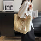 Lkblock Summer Large Capacity Tote Bag Women Shoulder Bag Handmade Woven Bag Fresh Rural Handheld Grass Woven Women Bag   36.25