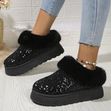 Lkblock Ankle Snow Boots Women Winter New Fashion Shiny Fur Short Plush Warm Flats Slippers Platform Shoes Indoor Cotton Flip-Flops