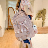 Lkblock Bow Canvas Schoolbags for Girls School Students Multi-layer New Cute Middle School Students Large Capacity Bow Backpacks