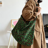 Lkblock Women's Corduroy Shoulder Crossbody Bag Green Leopard Print Cloth Large Capacity Handbag Casual Travel Shopping Totes