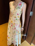 Lkblock Summer Woman Holiday Dress Elegant Floral Midi Dress Beach Style Sexy Sleeveless Dresses Harajuku Outwear Korean Fashion Dress