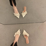 Lkblock Slides Rhenstone Summer Jewels Rubber Shoes Pointed Toe Women's Slippers and Ladies Sandals Mules Low Heel Outside Crystals